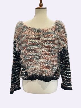 Double Zero Off-the-Shoulder Fuzzy Knit Sweater in Black, Gray and Pink #299